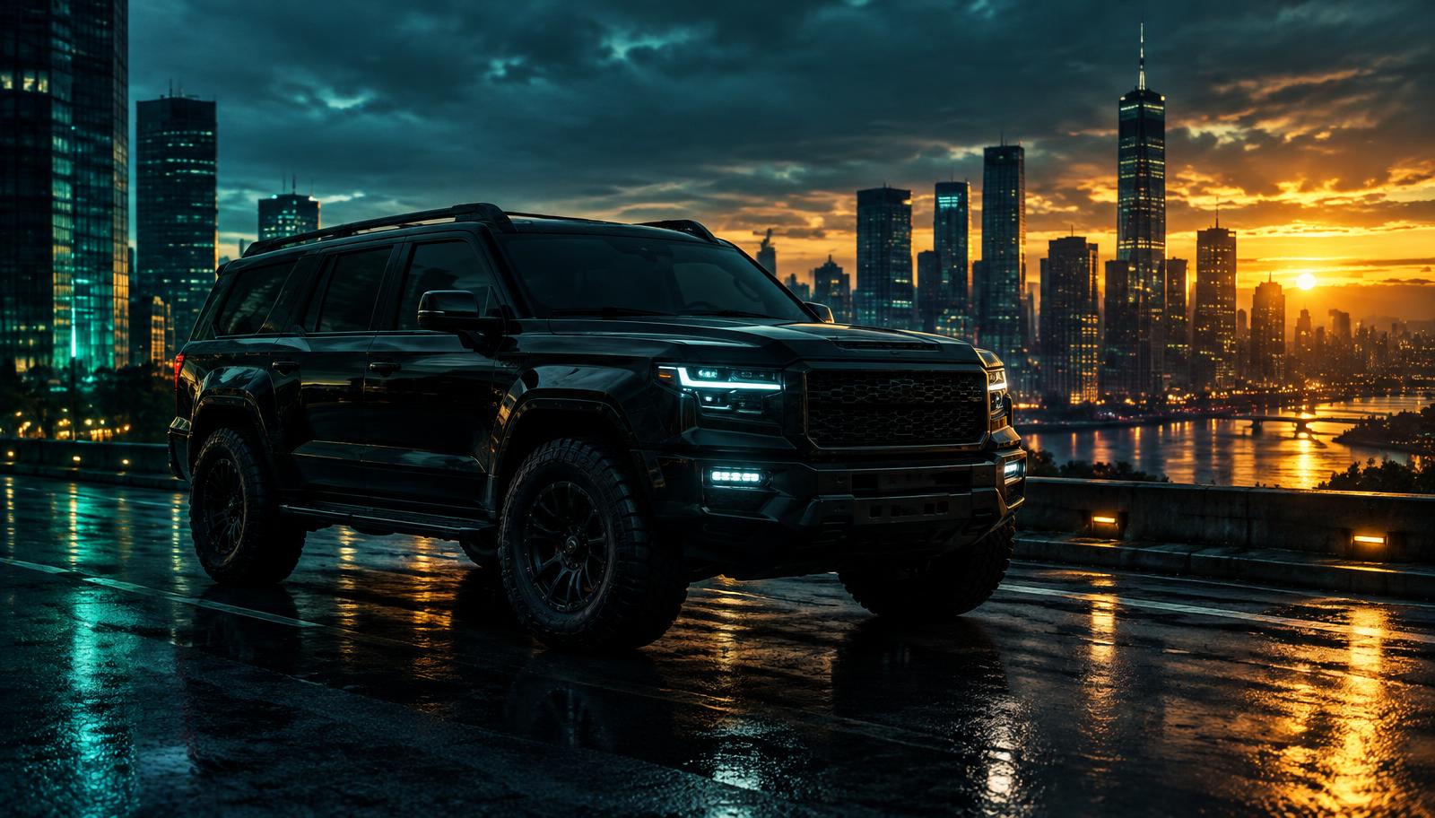 SUV blindado na cidade ao entardecer